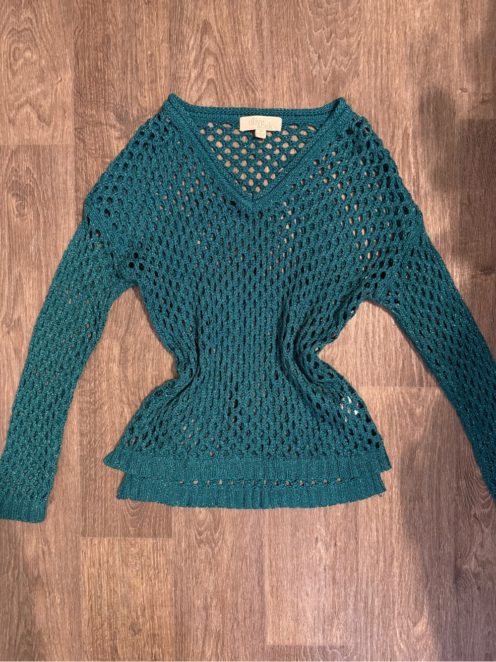 Olive & Oak Teal Open-Knit V-Neck Sweater
